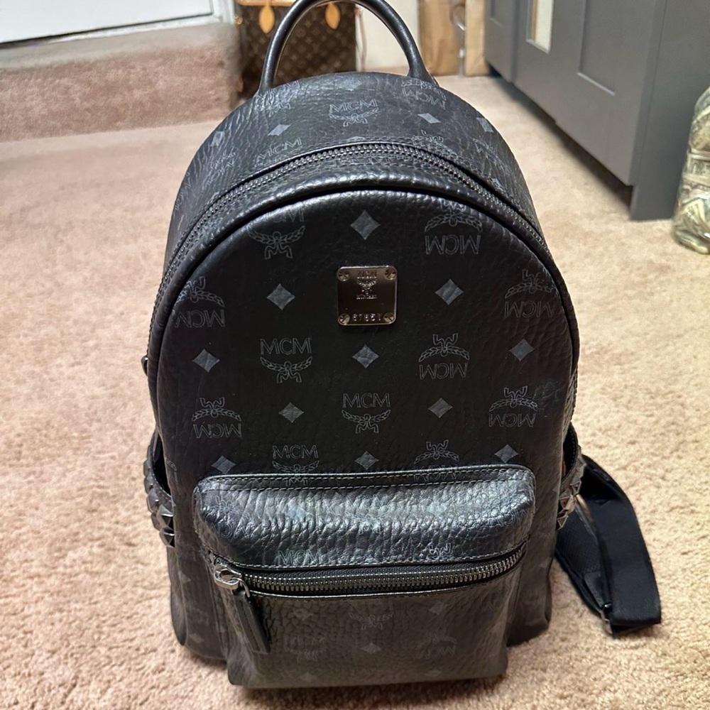 MCM Black Logo-Print Leather Backpack
